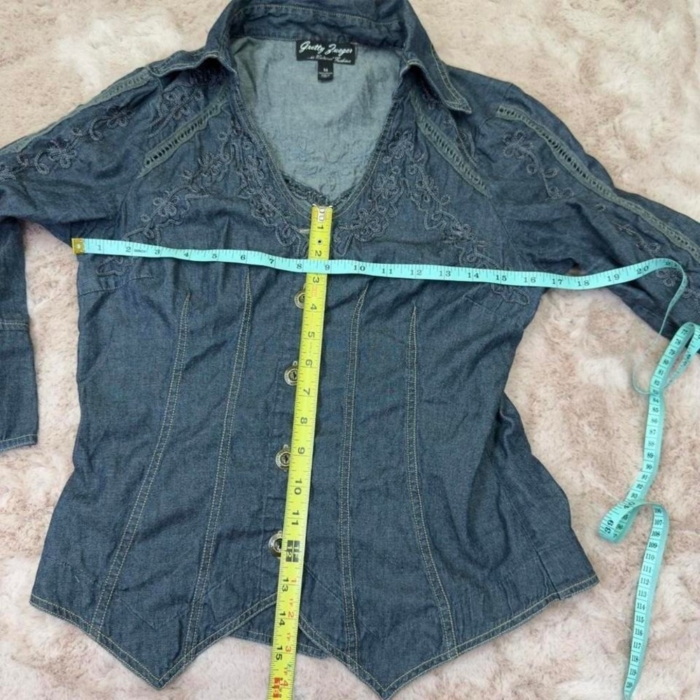 Boho embroidered denim corset blouse bell sleeve artisan western-Gretty Zueger - Picture 7 of 8
